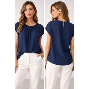 DKNY Pleated Blouse Women XL Navy Blue Corporate Chic Office Wear